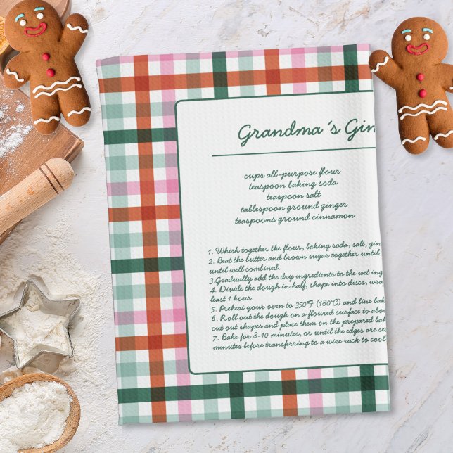 Gingham Family Recipe Keepake Geschirrtuch (Christmas Recipe Kitchen Towel with a modern plaid pattern. Add your recipe personalized keepsake.)