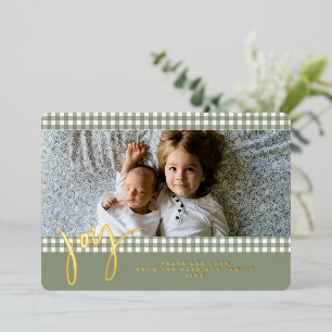 Gingham Farmhaus grüne Weihnachtsfamilienfoto Folien Feiertagskarte
