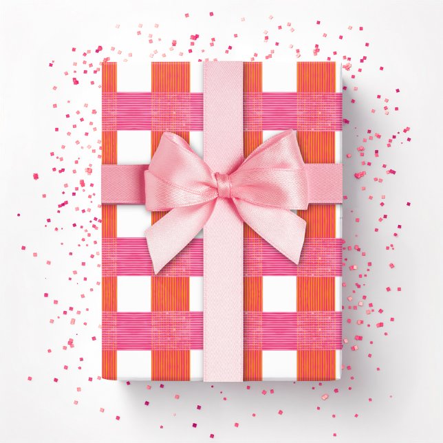 Gingham-Fensterpaneel-Webart in Rosa und Orange Geschenkpapier (Von Creator hochgeladen)