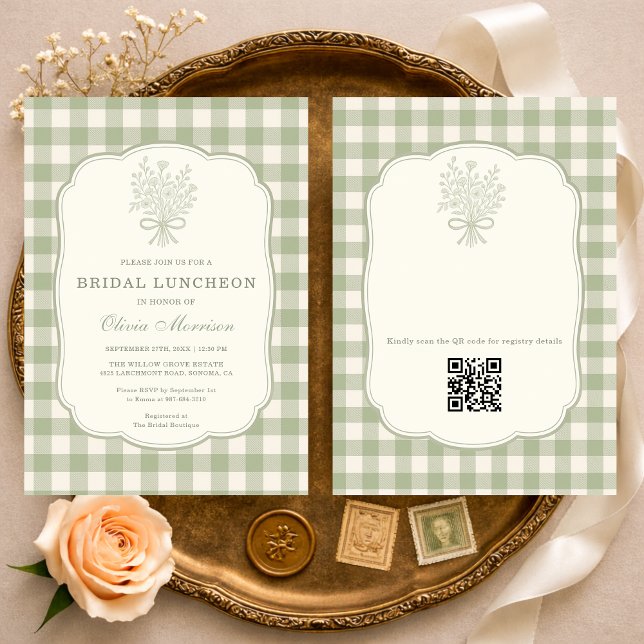Gingham Floral Bow Bridal Luncheon QR Code Einladung (Von Creator hochgeladen)