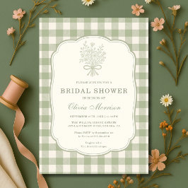 Gingham Floral Bow Sage Green Bridal Shower Einladung