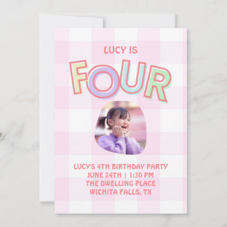 gingham FOUR fourth birthday invitation for girls Einladung