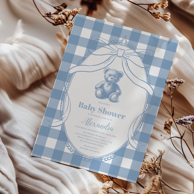 Gingham French Teddy Bear Baby Shower Einladung (Von Creator hochgeladen)