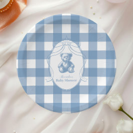 Gingham French Teddy Bear Baby Shower Pappteller