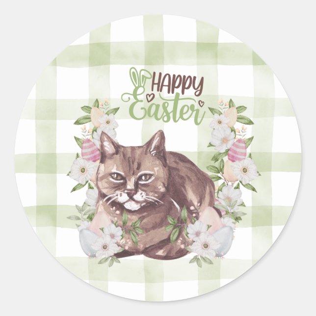 Gingham Frohe Ostern Katze Runder Aufkleber (Vorderseite)