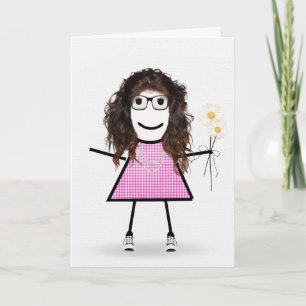 Gingham-Geburtstag-Stabfigur Mädchen mit Gänseblüm Karte