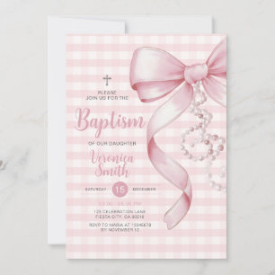 Gingham Girl Taufe Pink Bow Pearl Cross Einladung