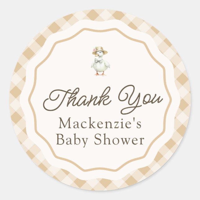 Gingham Goose Baby Dusche Danke Sticker (Vorderseite)