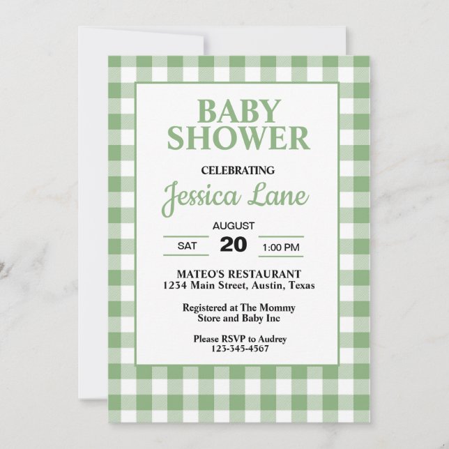 Gingham Green Kariert Baby Shower Einladung (Vorderseite)