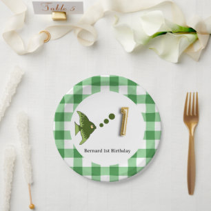 Gingham, Grüner Fisch & Ballon 1. Geburtstag Pappteller