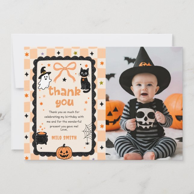 Gingham Halloween Geburtstagsfoto Dankeskarten (Vorderseite)