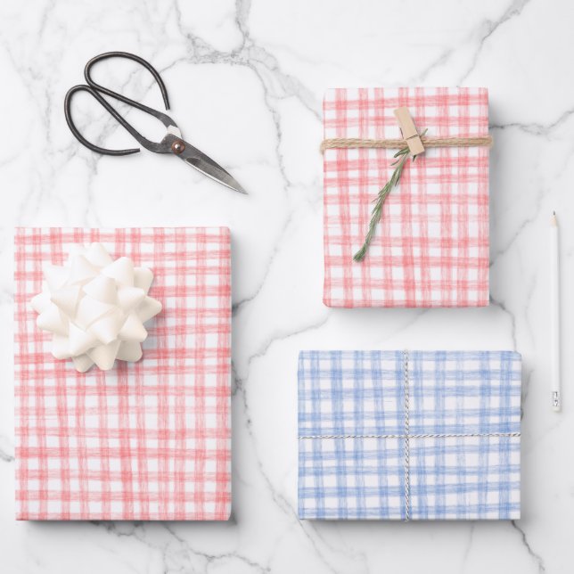 Gingham Hand Gezeichnet Modernes Niedliches Blaues Geschenkpapier Set (Vorderseite)