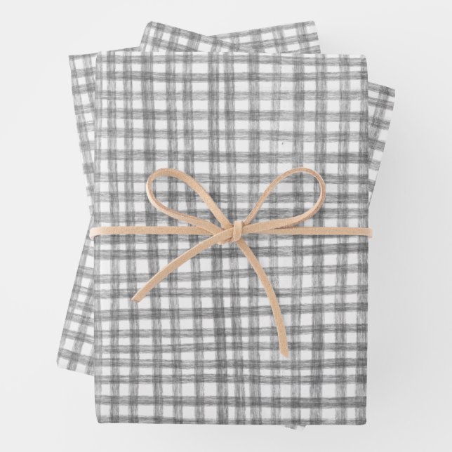 Gingham Hand Gezeichnet Modernes Niedliches Graues Geschenkpapier Set (Beispiel)