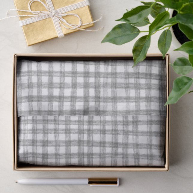 Gingham Hand Gezeichnet Modernes Niedliches Graues Seidenpapier (Geschenk)