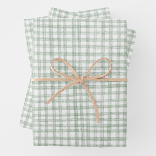 Gingham Hand Gezeichnet Modernes Niedliches Grünes Geschenkpapier Set (Beispiel)