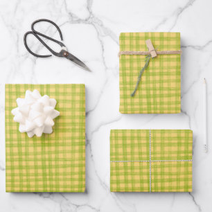 Gingham Handgezeichnet Modern Süß Grün Gelb Preppy Geschenkpapier Set