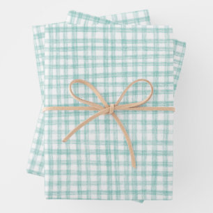 Gingham Handgezeichnet Modern Süß Grün Weiß Preppy Geschenkpapier Set