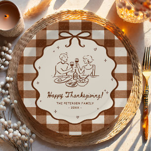 Gingham-Handgezeichnete Thanksgiving-Dinner-Party Pappteller