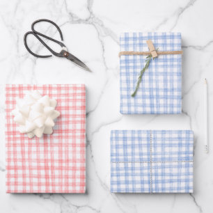 Gingham-Handzeichnung modern süß blau rot Picknick Geschenkpapier Set