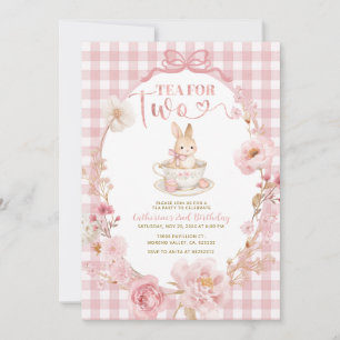 Gingham-Hasen-Tee-Party-Geburtstag Rosa Schleife Einladung