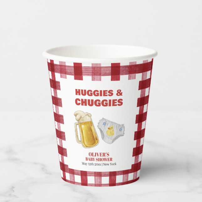 Gingham Huggies Chuggies Beer Diaper Baby Shower  Pappbecher (Vorderseite)