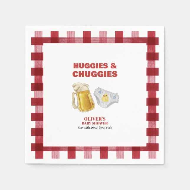 Gingham Huggies Chuggies Bier Windel Baby Shower Serviette (Vorderseite)