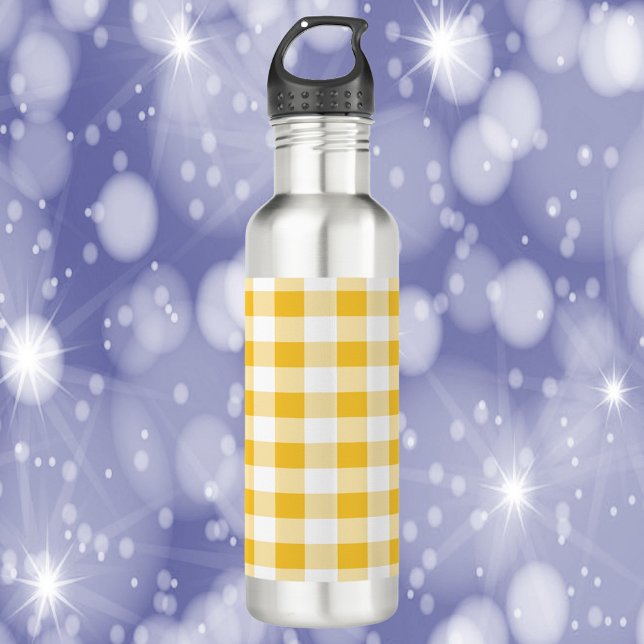 Gingham Kariert Gelb und Weiß Edelstahlflasche (A water bottle with a yellow and white gingham pattern)