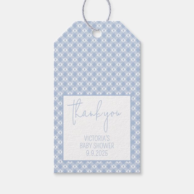 Gingham Kariert Pastel Dusty Blue Baby Dusche Geschenkanhänger (Vorderseite)