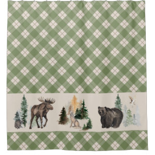 Gingham Kariert Watercolor Woodland Tierwald Duschvorhang