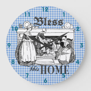 Gingham Karo Blau-Weiß Bless Diese Zuhause-Uhr Große Wanduhr