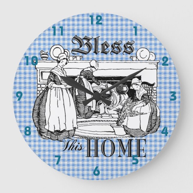 Gingham Karo Blau-Weiß Bless Diese Zuhause-Uhr Große Wanduhr (Vorderseite)