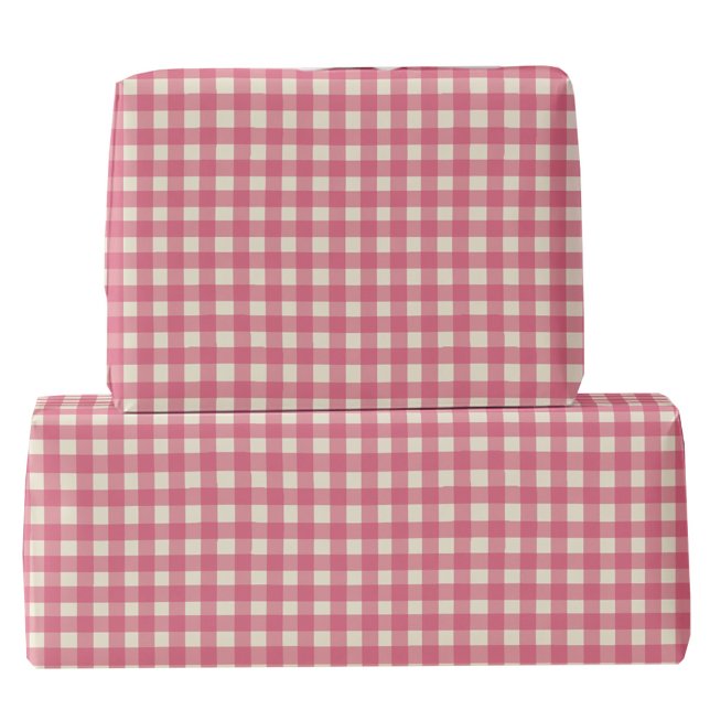Gingham Karo Cherry Red Cream Geschenkpapier (Pretty cherry pink and cream hand drawn summer gingham check plaid gift wrapping paper roll)