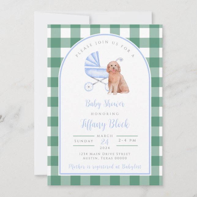 Gingham Karo Dog Boy Baby Shower Einladung (Vorderseite)