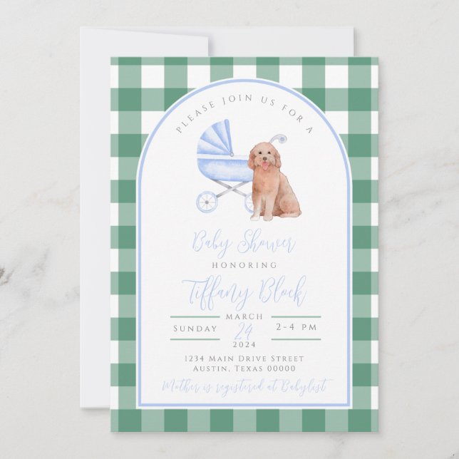 Gingham Karo Dog Boy Baby Shower Einladung (Vorderseite)