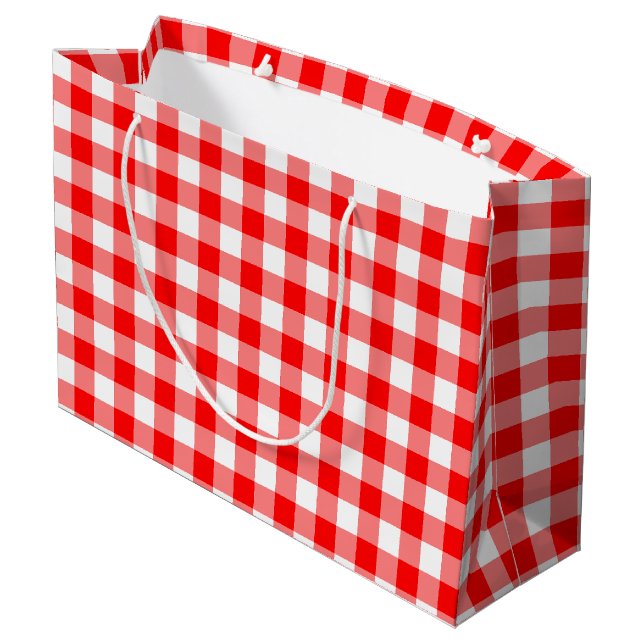 Gingham-Karo in Rot und Weiß Große Geschenktüte (Rückseite Schrägansicht)