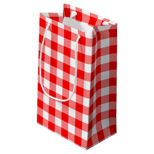 Gingham-Karo in Rot und Weiß Kleine Geschenktüte (Rückseite Schrägansicht)