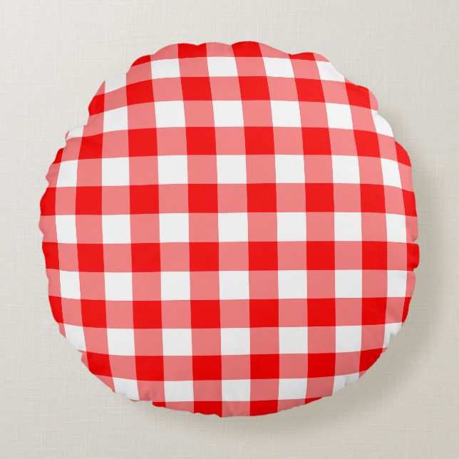Gingham-Karo in Rot und Weiß Rundes Kissen (Vorderseite)