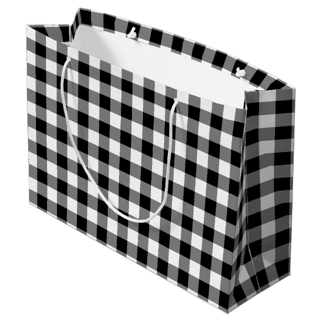 Gingham-Karo in Schwarz und Weiß Große Geschenktüte (Rückseite Schrägansicht)