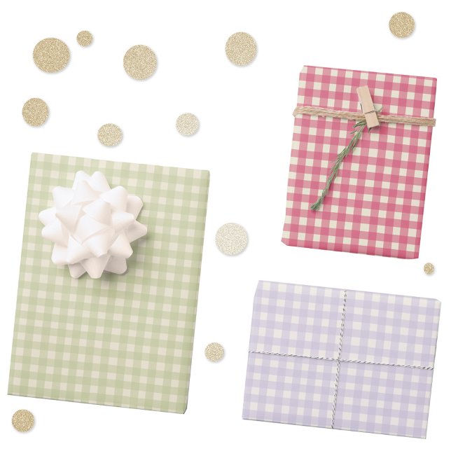Gingham Karo Kariert Hand Drawn Hübsch Geschenkpapier Set (Modern gingham check plaid hand drawn gift wrapping paper sheets in cherry pink, pistachio and lilac)