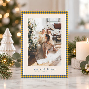 Gingham-Karo Navyblau Gelb Weihnachtsfoto Feiertagskarte