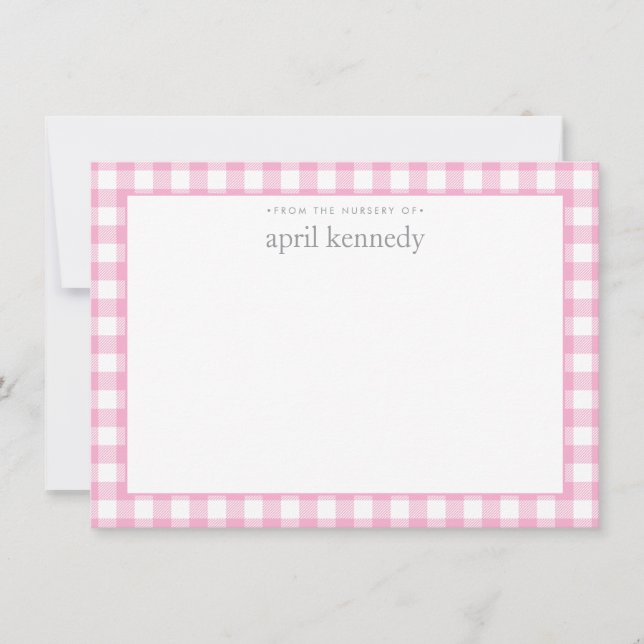 Gingham Karo personalisierte hellrosa Flat  Mitteilungskarte (Vorderseite)