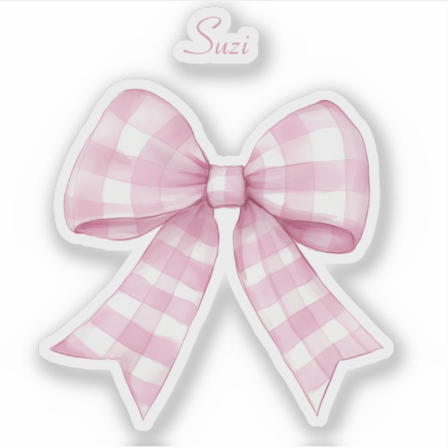 Gingham Karo Pink Bow mit Name Vinyl Sticker (Vorderseite)