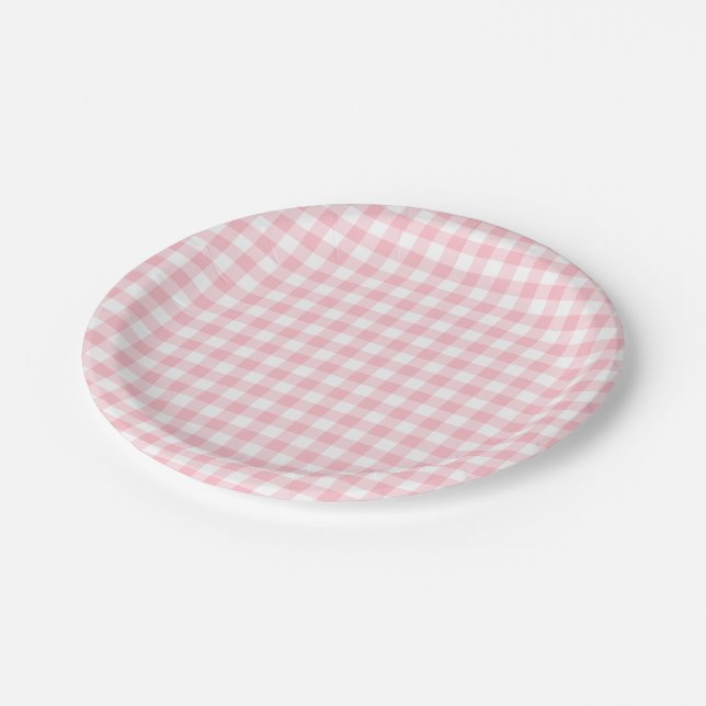 Gingham-Karos, rosa und weiße Mittelformat Pappteller (Schrägansicht)