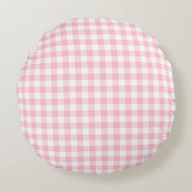 Gingham-Karos, rosa und weiße Mittelformat Rundes Kissen (Vorderseite)