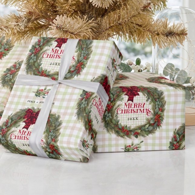 Gingham-Kranz Aquarell Weihnachten Geschenkpapier (Von Creator hochgeladen)