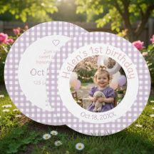 Gingham Lavender 1st Birthday Photo Invitation