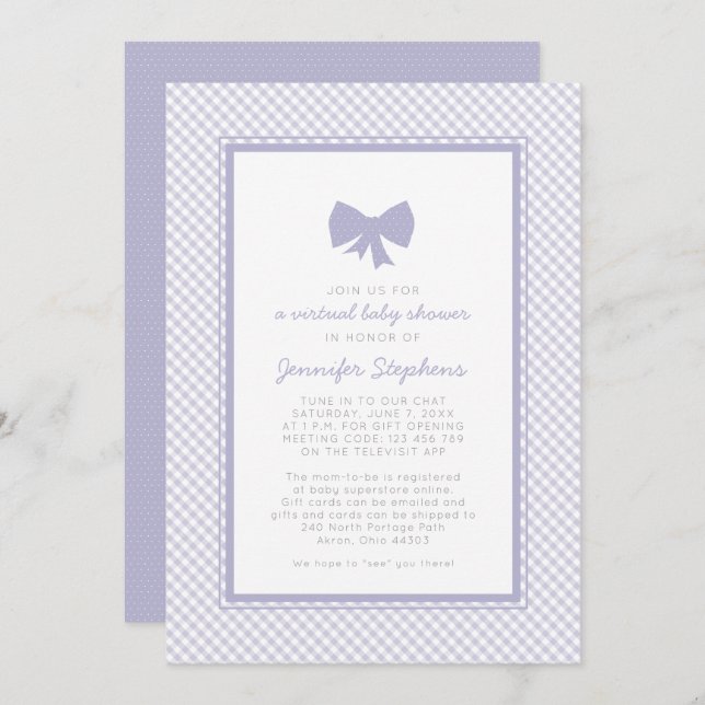 Gingham lila Bug Virtual Babydusche Einladung (Vorne/Hinten)