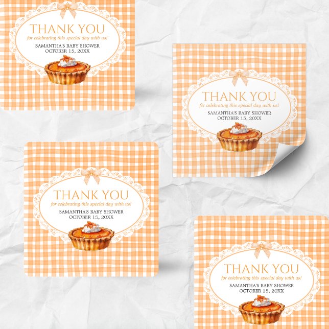Gingham Little Süsse Pie Baby Shower Quadratischer Aufkleber (Little Cutie Pie Gingham Pumpkin Baby Shower Sticker)