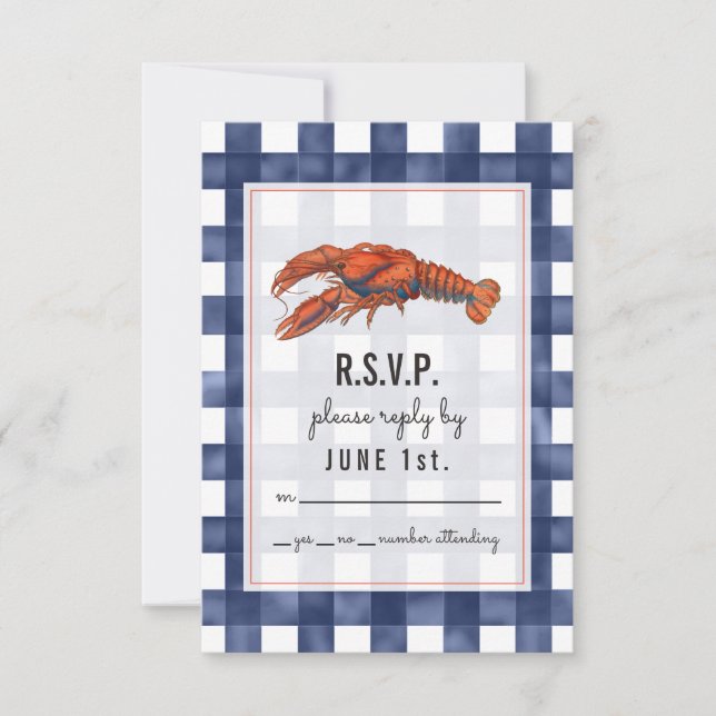 Gingham Lobster Rustic Wedding RSVP Karte (Vorderseite)