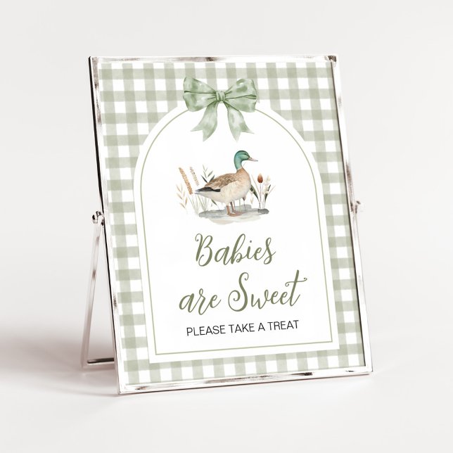 Gingham Mallard Duck Baby Babys sind Sweet Sign Poster (Sage Green Gingham Mallard Duck Hunting Country Baby Shower Sign)